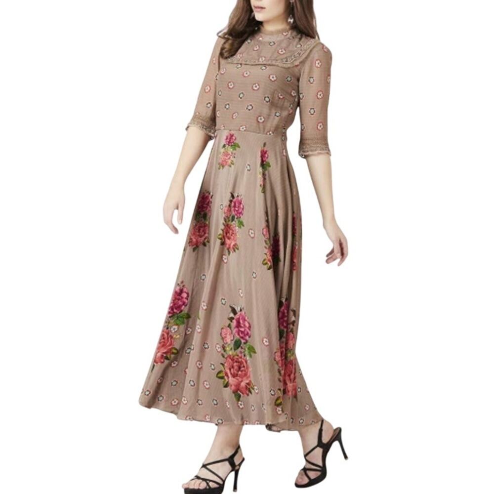 Label Ritu Kumar High Neck Romantic Flower Lace & Crepe Maxi Dress Size Large